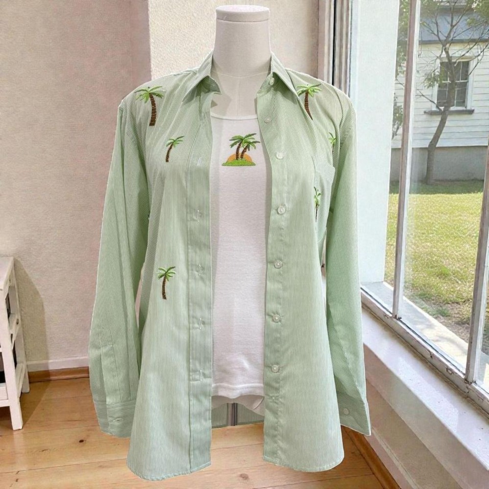 Tia Designs Palm Tree Embroidered Shirt Tank Set Green Striped Resort Vacation S